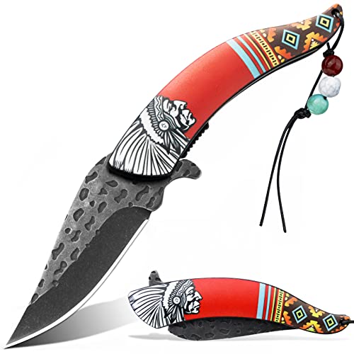 VALHALLA Pocket Folding Knife, Vintage Art Native American Outdoor Folding Knife,Survival Knife With 3D Retro Embossed Pattern, Cool EDC Pocket Knife, Gift For Men