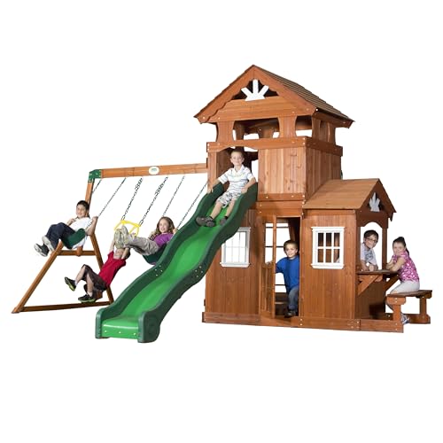Backyard Discovery Shenandoah All Cedar Wooden Playset Swing Set with 2 Belt Swings, Trapeze Bar, 10 ft Wave Slide, Covered Upper and Lower Playhouse, Play Kitchen, Rock Wall, Outdoor Bench