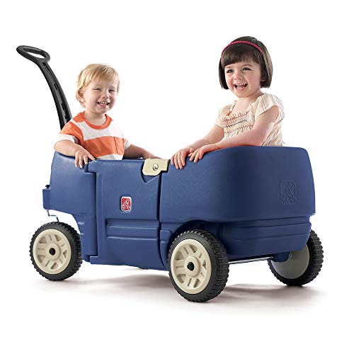 Step2 Wagon for Two Plus for Kids, Large Folding Wagon, Safety Belts, Under Seat Storage, Toddlers Ages 1.5 - 5 Years Old, Denim Blue
