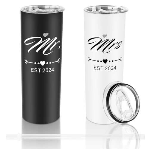 DHQH Mr and Mrs 2024 Tumbler Set, Engagement Wedding Gifts for Couples Newlyweds Wife Husband Bride To Be Newly Engaged 20oz Travel Tumbler Bachelorette Party Gifts