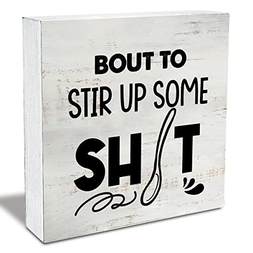 Rustic Bout to Stir up Wood Box Sign Funny Kitchen Wooden Box Sign Farmhouse Home Kitchen Desk Shelf Decor (5 X 5 Inch)
