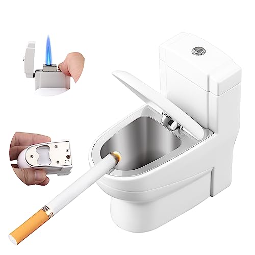 SOMGEM Ashtray for Cigarettes, 3 in 1 Outdoor Ashtrays with Cigar Torch Lighter and Bottle Opener, Cool Portable Ashtray with Lid of Toilet-Shaped for Weed, Fancy Ash Holder Great Gift for Men Women