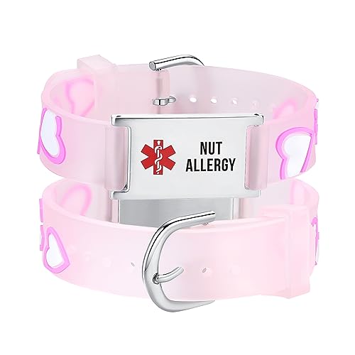 LinnaLove Nut Allergy cartoon Pink heart Medical id bracelet Parents gift to Son, daughter, brother, sister