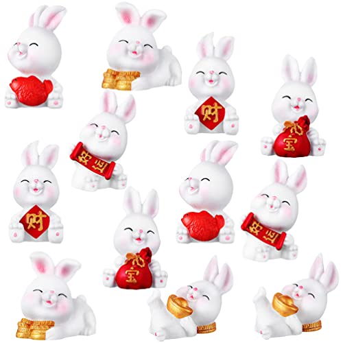 Kisangel 12Pcs Miniature Rabbit Figures Chinese Zodiac Year Rabbit Ornament Resin Bunny Figurines for Chinese New Year Decoration Spring Festival Car Table Decor