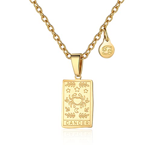 Zodiac Sign Necklace for Women Constellation Tarot Card Pendant Double Sided Gold Stainless Steel Waterproof NonTarnish Friendship Jewelry Gift for Girls（Cancer）