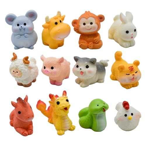 Pinenjoy 12Pcs Miniature Chinese Zodiac Animal Figurines Mini Cow Rabbit Dragon Tiger Dog Monkey Pig Figures Cartoon Resin Cake Toppers for DIY Micro Landscape Craft Home Table Decors