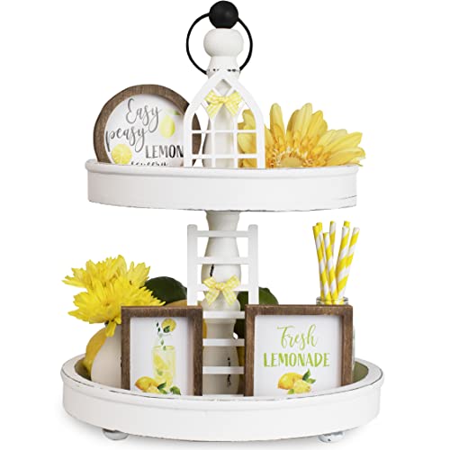 The Ultimate Farmhouse Tiered Tray Decor Set - Beautiful Year Round Seasonal & Holiday Decoration Bundle - The Perfect Lemon, 4th of July, Summer and Spring Centerpiece Design for Home & Kitchen Decor