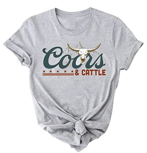 Coors & Cattle Shirt Women Funny Steer Skull Tie Dye Tee Top Party Short Sleeve Letter Print T-Shirt (X-Large, Gray)