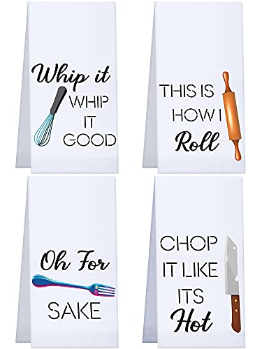 Patelai 4 Pieces Funny Kitchen Towels Dish Towels with Funny Saying Cute Decorative Dishcloths Sets Fun Dish Towels for Housewarming Present Home Kitchen Tools, 16 x 24 Inch