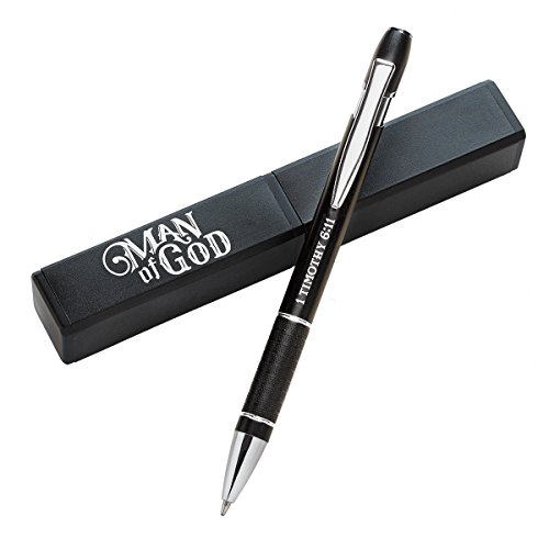 Christian Art Gifts Man Of God Black Stylish Classic Ballpoint Pen in Matching Gift Case - 1 Timothy 6:11 Bible Verse Refillable Retractable Medium Black Ink for Journal, Planner, Writing, Notes