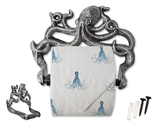 Decorative Cast Iron Octopus Toilet Paper Roll Holder – Wall Mounted Octopus Décor for Bathroom – Kraken, Nautical Bathroom Accessories – Included Screws and Anchors - Silver & Black