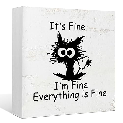 Funny Office Wood Box Sign Desk Decor, Black Cat It's Fine I'm Fine Everything is Fine, Home Office Wall Tabletop Shelf Decor 5x5 Inch, Coworker Gift