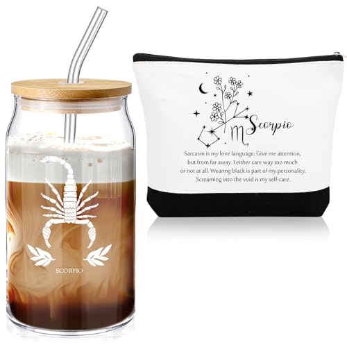 Sliner Set of 2 16 oz Celestial Zodiac Signs Birthday Gift for Women Glass Cup with Lids Straws Horoscope Zodiac Flower Sign Make up Bag Zodiac Gift Valentine's Day Gift for Daughter Mom(Scorpio)