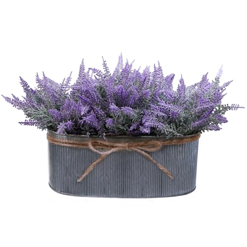 Winlyn 10 Inch Artificial Lavender Flower Arrangement in Rustic Oval Galvanized Metal Planter Box Faux Lavender Potted Plants for Farmhouse Spring Table Centerpiece Wedding Home Office Kitchen Décor