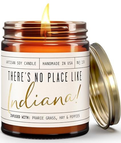 Indiana Gifts, Indiana Decor for Home - 'There's No Place Like Indiana Candle, w/Prarie Grass, Eucalyptus, Hay & Poppies I Indiana Souvenirs I Indiana State Gifts I 9oz Jar, 50Hr Burn, USA Made