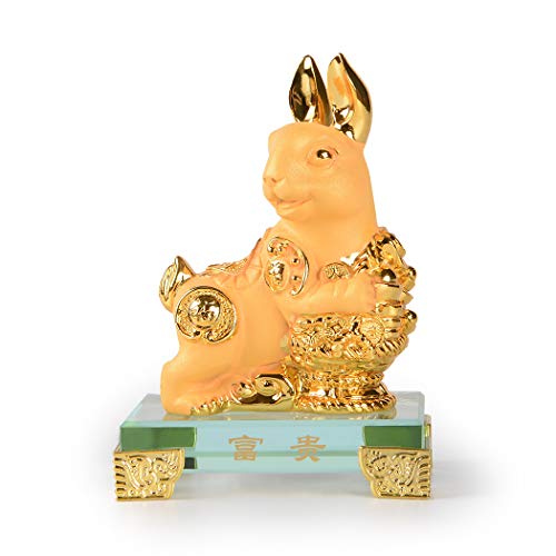 BRASSTAR Golden Resin Chinese Zodiac Rabbit Statue Feng Shui Home Office Table Top Decor Figurine Gift Collection PTZY103