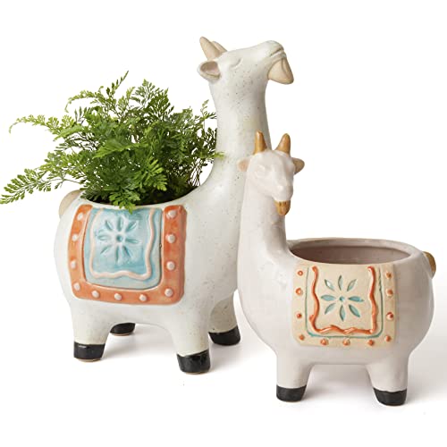 LA JOLIE MUSE Ceramic Goat Succulent Planter Animal Pots - 7.3 + 5.3 Inch Cute Glazed Pottery Indoor Flower Plant Pots with Sandy Gravel Detailing, Home Decor
