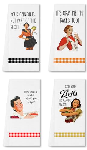 SHIMANY Funny Kitchen Towels Decorative Set of 4, Funny Saying Dish Towels. Absorbent Microfiber Tea Towels. Great Hostess Gift. Retro/Vintage Women