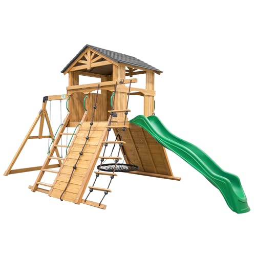 Backyard Discovery Endeavor All Cedar Wood Swing Set Playset for Backyard with Large Clubhouse Wave Slide Rope Ladder Rock Climbing Wall Wave Slide 2 Belt Swings and 1 Web Swing Gift for Ages 3-10