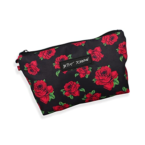 Betsey Johnson 8.5 Inch Zipper Cosmetic Pouch Small Toiletry Bag–Lightweight Durable Polyester Organizer with Inner Zipped Pocket Good For Makeup Accessories and Travel Needs (Covered Rose)