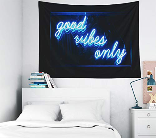 Quote Tapestry,Musesh Blue Tapestry Small Tapestry Good Vibes Only Words Neon For Bedroom Living Room Outdoor Wall Art Tapestry 40 inch W X 30 inch L Tapestry Wall Decor