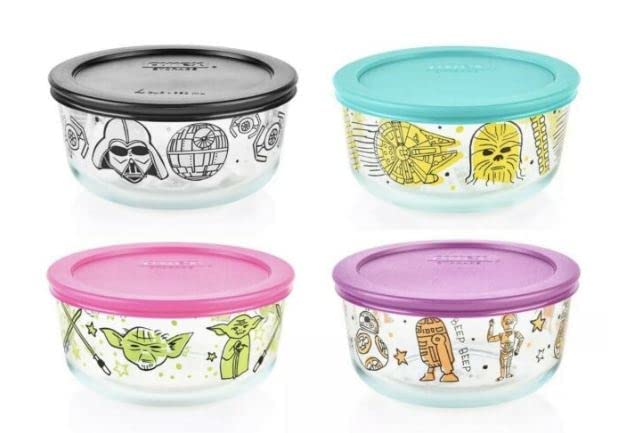 Pyrex | Star Wars Holiday Themed Durable Glass Food Storage Set | Two 4-Cup and Two 3-Cup Meal Prep Storage Containers with Plastic Lids | 8 Pieces | Dishwasher, Freezer, and Microwave Safe