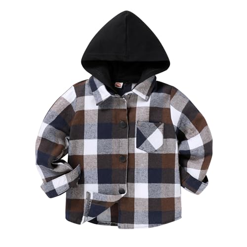 YOUNGER STAR Toddler KidsBaby Boys Hooded Plaid Shirt Classical Shirt Hooded Jacket Fall Winter Clothes (Brown, 12-18 Months)