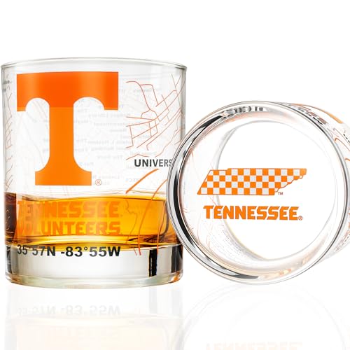 Greenline Goods - University Of Tennessee Whiskey Glass Set (2 Low Ball Glasses) - Contains Full Tennessee Volunteers Logo & Campus Map - Volunteers Gift College Grads & Alumni - College Glassware