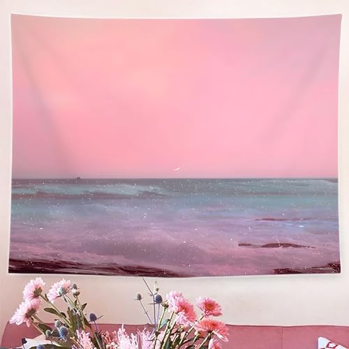 TUGCAY Pink Ocean Tapestry Beach Tapestry Pink Sea Sky Moon Tapestries Wall Hanging for Teen Girl Women Bedroom College Dorm Living Room Aesthetic Decoration(50x60 Inch)