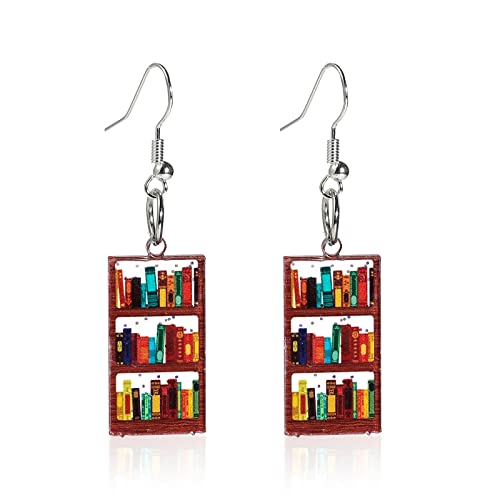 Classic Resin Stack of Books Shelves Drop Dangle Earrings Acrylic Bookcase for Women Girl Creative Librarian Teacher Novel Graduation Jewelry-Rectangle