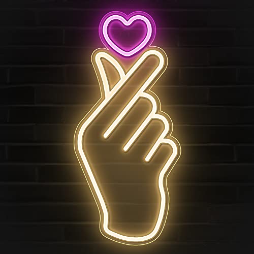 Lumoonosity Finger Heart Neon Signs - Premium K-Pop Heart Hand Led Sign - Pink & Warm White K-Drama Hand Heart Gesture Neon Lights - Korean Hand Symbol Love lights for Wall, Bedroom, Game Room Decor