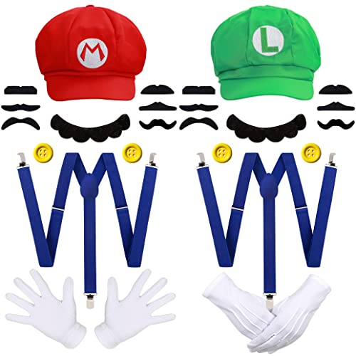 Humairc Super Bros Mari and Luigi Hats Caps Mustaches Gloves Buttons Cosplay Costume(Red&Green&Suspender)
