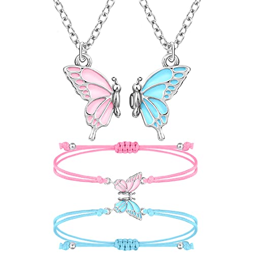 MJartoria BFF Necklace and Bracelets for 2-Butterfly Friendship Necklace Bracelet Best Friend Necklace Matching Necklace Bracelets Gifts for Women Girls(Pink+Blue-Silver)