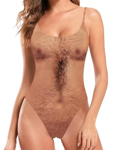 RAISEVERN Hairy Chest Bathing Suit 3D Print Funny One Piece Ugly Hairy Man Swimsuit for Women Hairy Belly Swimwear Padded Beachwear