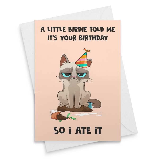 Funny Card - A Little Birdie Told Me It's Your Birthday So I Ate It - Cat Birthday Lover Funny Cute Happy Lovers From The Cats For Her Gift Grumpy Cat Animal Lover [00103]