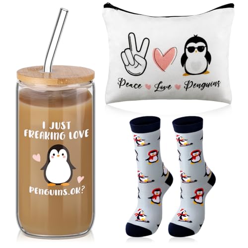 Layhit 3 Pcs Penguins Gifts for Women Thank You Gift 16 oz Penguins Coffee Glass Penguin Love Cosmetic Makeup Bag Cute Penguin Socks for Graduation Nurse Day Mother's Day Gift