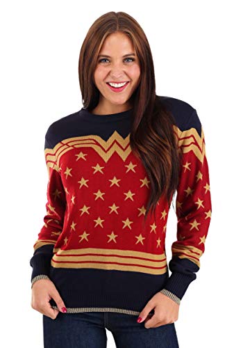 DC Comics Adult Wonder Woman Hero Ugly Christmas Sweater, Superhero Holiday Xmas Sweaters, Festive Knitted Crewneck M