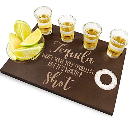 Tequila Shot Board and Glass Holder Wooden Bar Tray with Salt Rim - For Liquor, Parties, Weddings, Housewarmings, Gifts