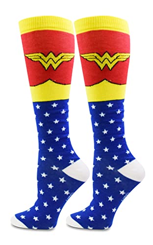 DC Comics Wonder Woman Superhero Socks, Shoe Size: 4-10 (Knee High, Blue)