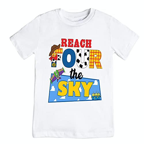 Reach Four the Sky Birthday Shirt Toddler Boy Girl Fourth birthday shirt Handmade 4 Cowboy birthday shirt Cute birthday outfit (4T)