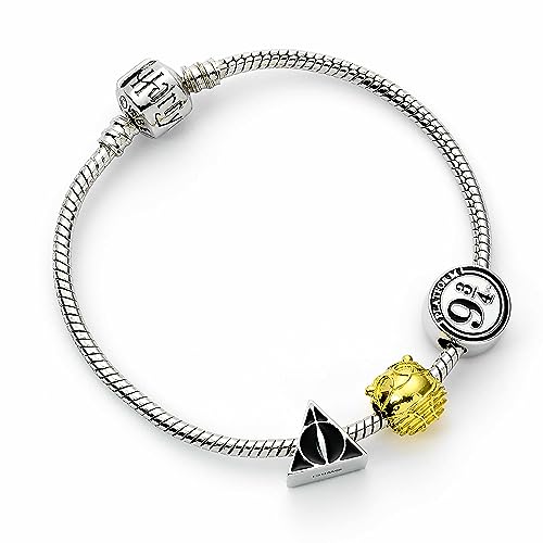 Harry Potter Official Silver Plated Bracelet with Deathly Hallows, Golden Snitch and Platform 9 3/4 Charm