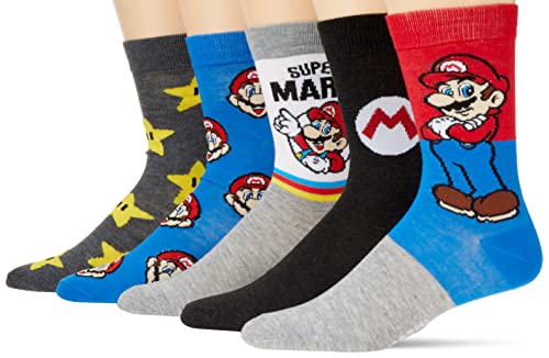 Mario Men's 5 Pack Crew Socks, Grey Multi, 10-13