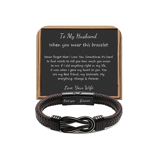 JoycuFF Anniversary Birthday Gifts for Him Husband from Wife, To My Husband Unique Gifts Knot Leather Bracelet for Men, Love You Forever Always Linked Together Mens Bracelets Leather