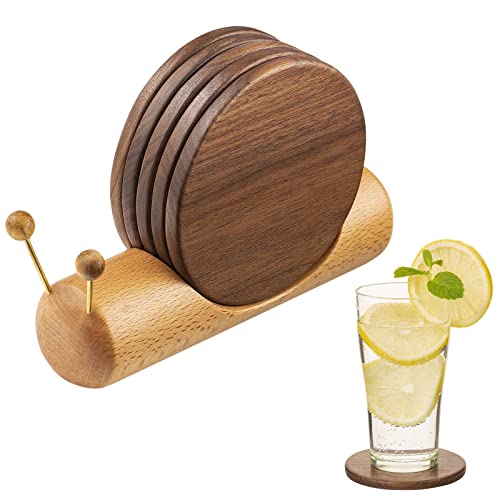 Wooden Coasters for Drinks-Natural Acacia Wood Drink Coaster Set for Coffee Table, Cute Coasters for Modern Home Decor Tabletop Protection for Any Table Type, Set of 5-Dia 3.5 * 3.5inchs
