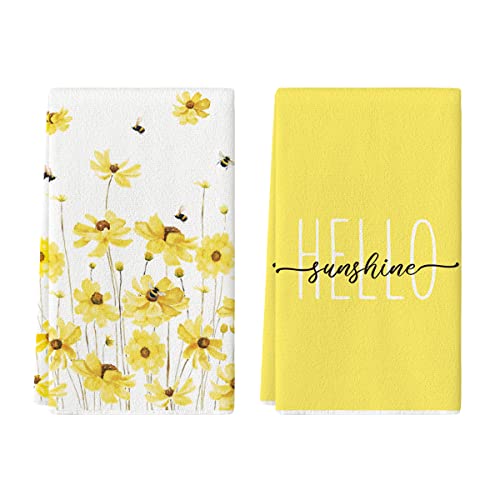 Artoid Mode Yellow Flowers Bee Hello Sunshine Spring Kitchen Towels Dish Towels, 18x26 Inch Summer Holiday Decoration Hand Towels Set of 2