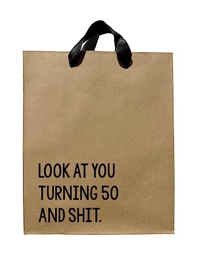 FarmedandFashioned Funny Gift Bag, Look At You Turning 50 And Shit Medium Size Kraft Gift Bag With Black Ribbon Handles, Thank You Gift, Novelty Gift Bags, Gift Bag For Adults, 50th Birthday