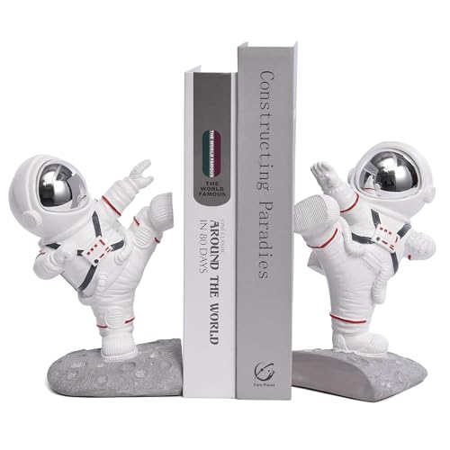 Kakizzy White Book Ends for Kids, Upgraded Astronaut Bookends Resin Spaceman Book Holders for Shelves Sturdy Book Stopper Book Ends to Hold Books Unique Outer Space Book Shelf Ends(F2-Silver Color)