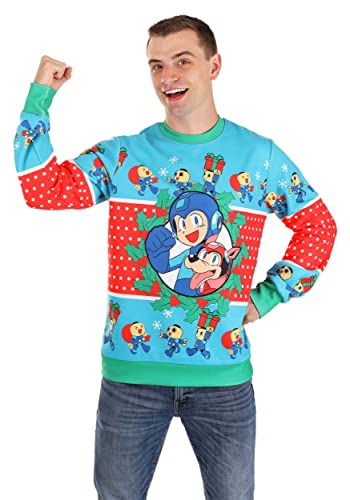 FUN.COM Mega Man Ugly Christmas Sweater for Adults, Megaman Sweaters for Men & Women, Video Game Ugly Xmas Sweatshirts XL Blue