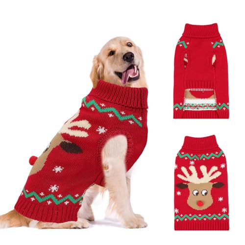 YUEPET Christmas Dog Sweaters Pullover, Reindeer Snowflake Christmas Dog Outfits with Leash Hole, Classic Turtleneck Dog Clothes for Medium Dogs(M)