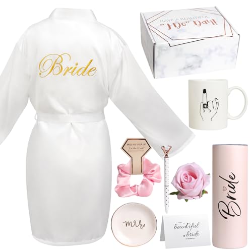 Frerdui 8 Pcs Bridal Shower Gift, Bride to Be Gifts, Bridal Silk Robes Gift Set, Bridal Shower Gifts for Bride to Be, Wedding Gifts Engagement Gifts for her, Bride Gifts Tumbler Cup(White, M)